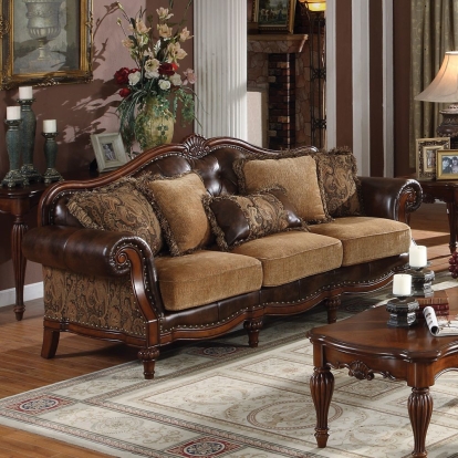 ACME Dreena Two Tone Brown Synthetic Leather & Chenille Sofa with 5 Pillows Model 05495