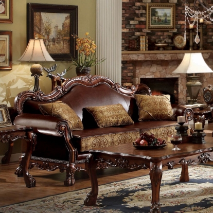ACME Dresden Brown Synthetic Leather & Chenille Cherry Oak Sofa with 3 Pillows Model 15160