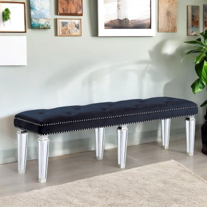 ACME Varian Dark Navy Velvet & Mirrored Bench Model 27357