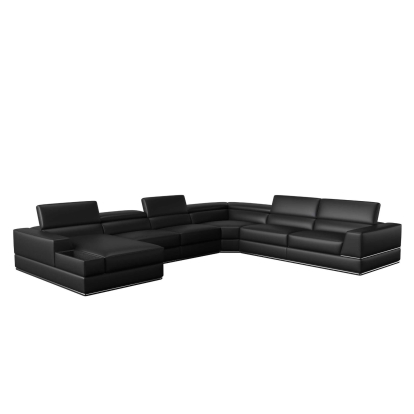 Divani Casa Pella Modern Black Italian Leather U Shaped LAF Chaise Sectional Sofa Black Sectional Sofa 79625 VGEV-5106-BLK-SECT