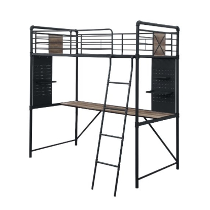 ACME Cordelia Antique Oak Sandy Black & Dark Bronze Hand Brushed Twin Loft Bed with Desk Model 38310