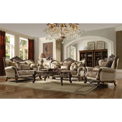 ACME Latisha Tan Pattern Fabric & Antique Oak Loveseat with 6 Pillows(Same LV01577) Model 52116