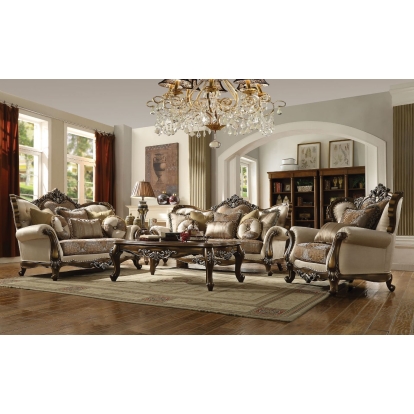 ACME Latisha Tan Pattern Fabric & Antique Oak Sofa with 8 Pillows(Same LV01576) Model 52115