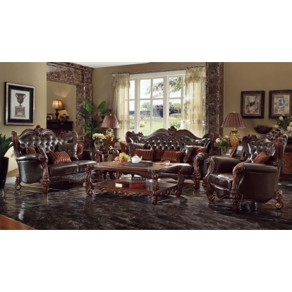 ACME Versailles Two Tone Dark Brown Synthetic Leather & Cherry Oak Sofa with 7 Pillows Model 52120