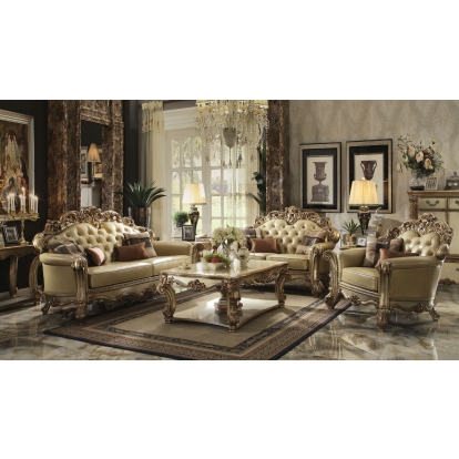 ACME Vendome Bone Synthetic Leather & Gold Patina Sofa with 4 Pillows Model 53000