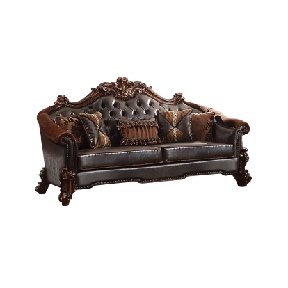 ACME Vendome II Two Tone Dark Brown Synthetic Leather & Cherry Sofa with 5 Pillows Model 53130