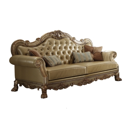 ACME Dresden Bone Synthetic Leather & Gold Patina Sofa with 4 Pillows Model 53160