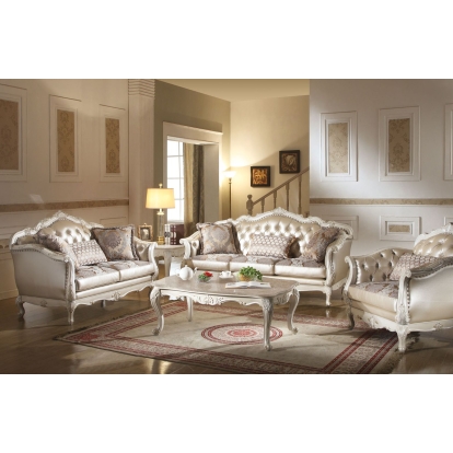 ACME Chantelle Rose Gold Synthetic Leather/Fabric & Pearl White Sofa with 3 Pillows Model 53540