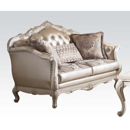 ACME Chantelle Rose Gold Synthetic Leather/Fabric & Pearl White Loveseat with 3 Pillows Model 53541