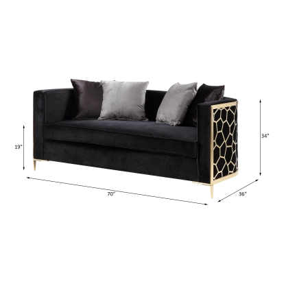 ACME Fergal Black Velvet & Gold Loveseat with 4 Pillows Model 55666