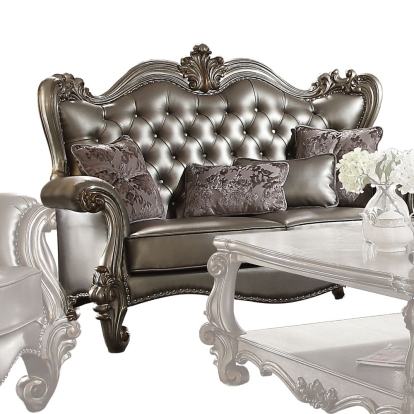 ACME Versailles Silver Synthetic Leather & Antique Platinum Loveseat with 4 Pillows Model 56821