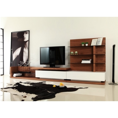Modrest Jefferson Mid-Century Walnut and White High Gloss Entertainment Center Walnut TV Stand 16691 VGBB662N-WAL