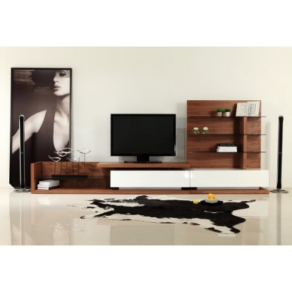Modrest Jefferson Mid-Century Walnut and White High Gloss Entertainment Center Walnut TV Stand 16691 VGBB662N-WAL
