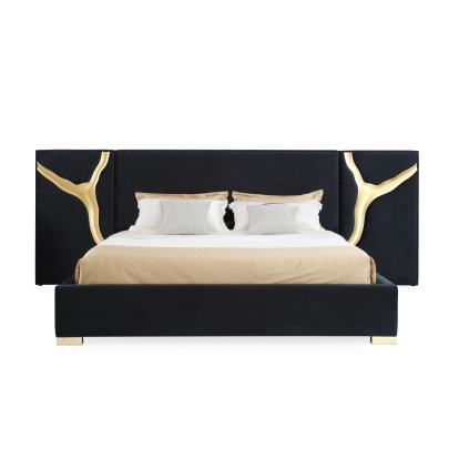 Modrest Aspen Glam Black Velvet & Gold Bed Black Bed 78803 VGVCBD1801-BLK-BED