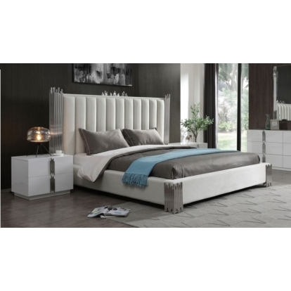 Modrest Token Modern White + Stainless Steel Bed + Nightstands White Bedroom Set 79261|79262|79290 VGVCBD815-WHT-BED-2NS-SET