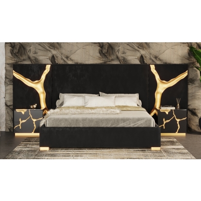 Modrest Aspen Modern Black + Gold Bed + Nightstands Black Bedroom Set 79276 VGVCBD1801-BLK-BED-2NS-SET