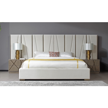 Modrest Nixa Modern Beige Velvet + Brushed Bronze Bed + Birch Nightstands Beige Bedroom Set 81283|81284 VGVC-BD1909-BED-NS-BGE