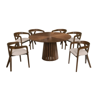 Modrest Weiss Mid-Century Modern Walnut Round Dining Table + 6 Chair Set Walnut Dining Set 81819 VGMAMIT-5346-MI-1181-SET