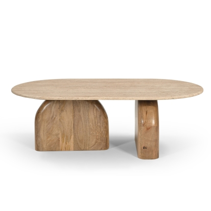 Modrest Kellison Modern Travertine Marble + Wood Oval Coffee Table Beige Coffee Table 82006 VGBR-SBA-4807