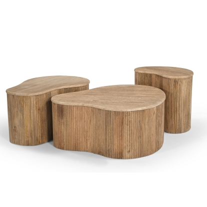 Modern Matador Modern Travertine Marble + Wood Freeform Coffee Table Set Beige Coffee Table 82214 VGBR-SBA-2409-2408-2412-SET