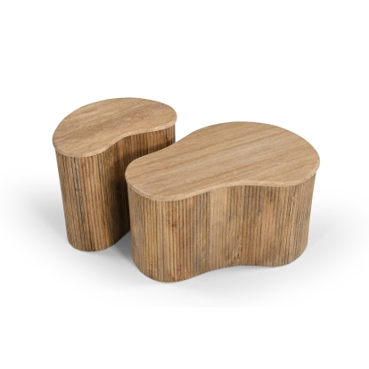 Modern Matador Modern Travertine Marble + Wood Freeform Coffee Table Set Beige Coffee Table 82214 VGBR-SBA-2409-2408-2412-SET