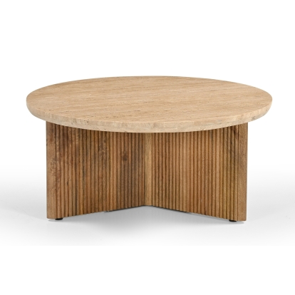 Modrest Pawnee Modern Travertine Marble + Wood Round Coffee Table Beige Coffee Table 82017 VGBR-SBA-2706-78