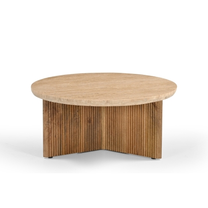Modrest Pawnee Modern Travertine Marble + Wood Round Coffee Table Beige Coffee Table 82017 VGBR-SBA-2706-78