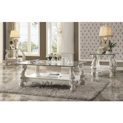 ACME Versailles Bone White & Clear Glass Coffee Table Model 82103