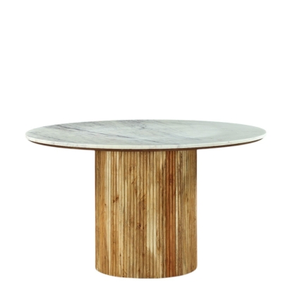 Modrest Shirley Modern White Marble + Natural Acacia Round Dining Table White Dining Table 83187 VGNR-NI90125