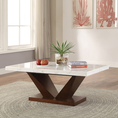 ACME Forbes White Natural Marble Top & Walnut Coffee Table Model 83335