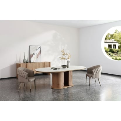 LA Furniture Walbrook Modern Faux Travertine Ceramic + White Oak Oval Dining Table VGVC-T9008 Contemporary Style by Vig Furnitrue Number 86049 Catch Home Goods