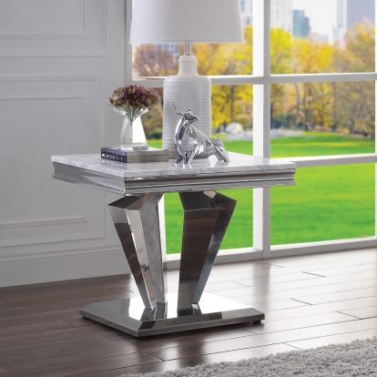 ACME Satinka Light Gray Engineered Marble & Mirrored Silver End Table Model 87219
