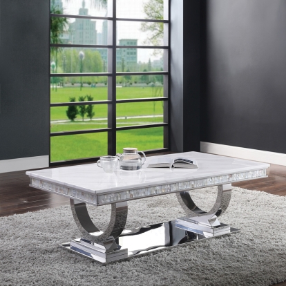 ACME Zander White Engineered Marble & Mirrored Silver Coffee Table Model 87355