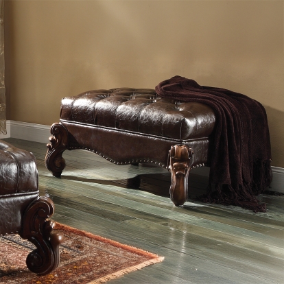 ACME Versailles Two Tone Dark Brown Synthetic Leather & Cherry Oak Ottoman Model 96538