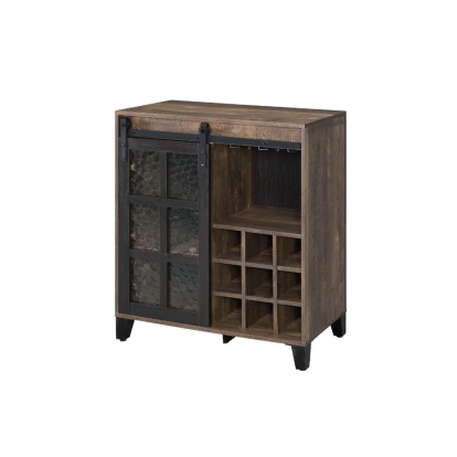 ACME Treju Obscure Glass Rustic Oak & Black Wine Cabinet Model 97836