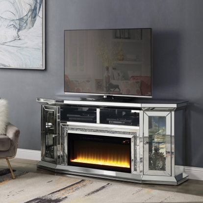 ACME Noralie Mirrored & Faux Diamonds TV Stand with Fireplace & LED Model AC00517