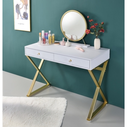 ACME Coleen White & Gold Vanity Desk with Mirror & Jewelry Tray Model AC00667