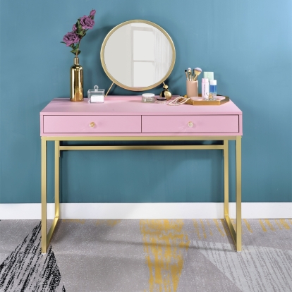 ACME Coleen Pink & Gold Vanity Desk with Mirror & Jewelry Tray Model AC00668