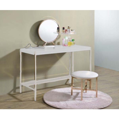 ACME Midriaks Synthetic Leather White & Gold Mirror & Stool Model AC00723