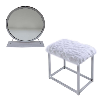 ACME Adao Faux Fur Mirror White & Chrome Vanity Mirror & Stool Model AC00935