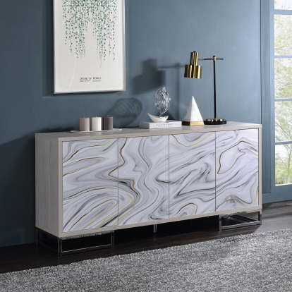 ACME Panos White Marble Paint & Chrome Console Cabinet Model AC02344