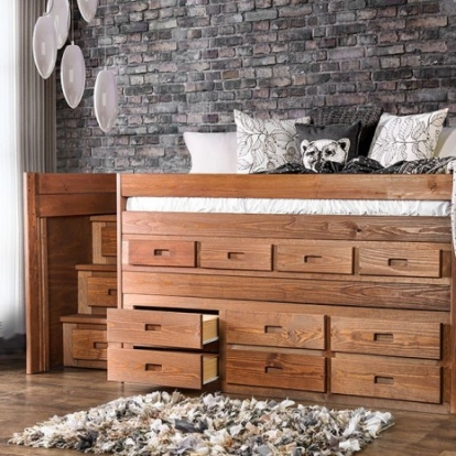 Furniture Of America Cleo Rustic Pine Wood, Others Mahogany Twin Captain Bed | AM-BK601-BED-SLAT