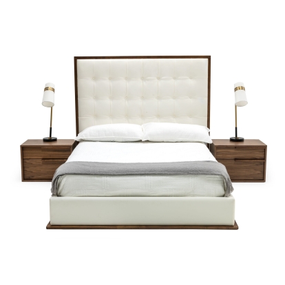 Modrest Amberlie White Vegan Leather & Walnut Bed White Bed 78845|78846|80294 VGMABR-96-WAL-BED