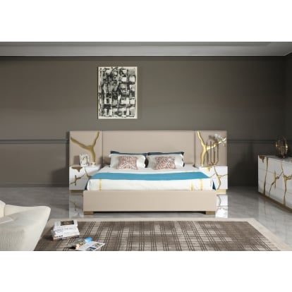 LA Furniture Aspen Glam Beige Bonded Leather & Gold EK Bed VGVC-BD1801-BG-BED-EK Contemporary Style by Vig Furnitrue Number 79077 Catch Home Goods