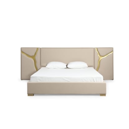 LA Furniture Aspen Glam Beige Bonded Leather & Gold EK Bed VGVC-BD1801-BG-BED-EK Contemporary Style by Vig Furnitrue Number 79077 Catch Home Goods