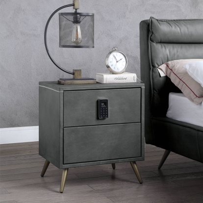 ACME Doris Gray Top Grain Leather Nightstand with USB Port & Electric Lock Model BD00556