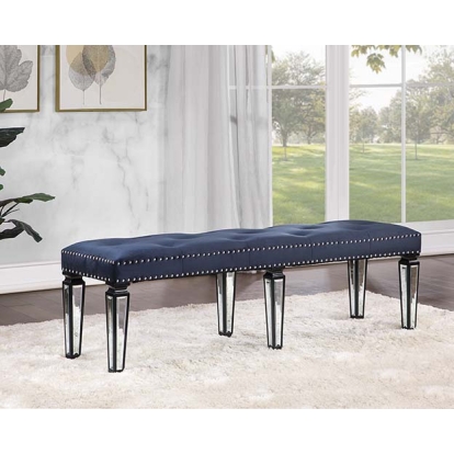 ACME Varian II Mirrored Dark Navy Velvet & Black & Silver Bench Model BD00589
