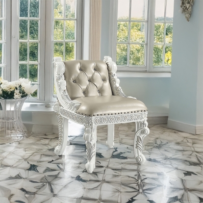 ACME Vanaheim Beige Synthetic Leather & Antique White Vanity Stool Model BD00675