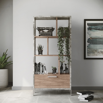 Nova Domus Boston Modern Brown Oak & Faux Concrete Bookcase Grey Shelf Unit 75561 VGANBOSTON-BC