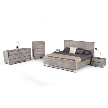 LA Furniture Charlene Modern Grey Elm and Stainless Steel EK Bedroom Set VGVC-CHARLENE-SET-eastern Contemporary Style by Vig Furnitrue Number 80259 Catch Home Goods